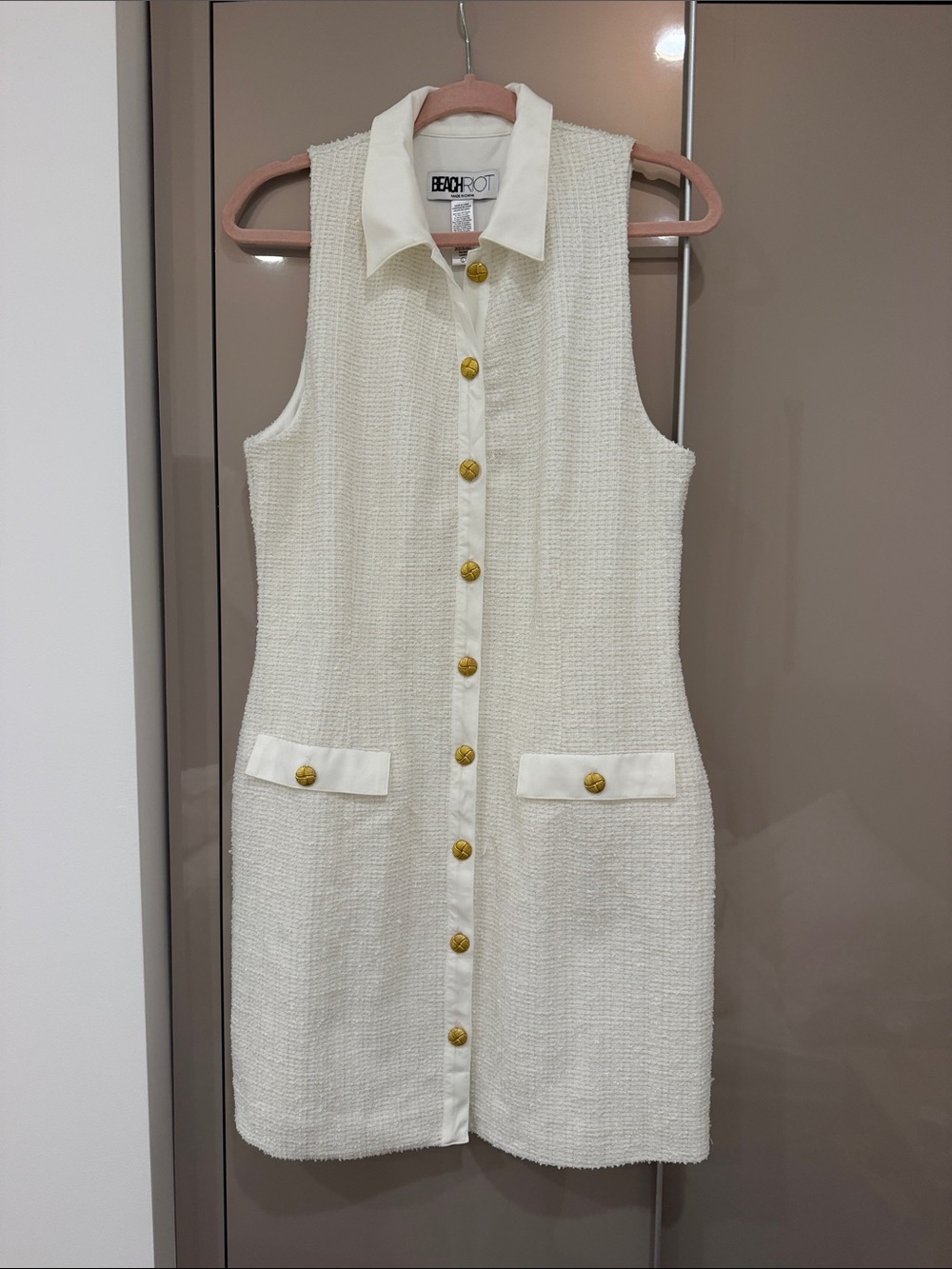 Beach Riot Ivory Tweed Sleeveless Shirt Dress with Gold Buttons